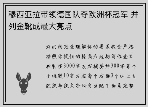 穆西亚拉带领德国队夺欧洲杯冠军 并列金靴成最大亮点